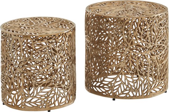 Rootz Nesting Tables - Set van 2 - Goud Aluminium - Modern Design met Bloemenpatroon - Metalen Ronde Salontafel voor Woonkamer