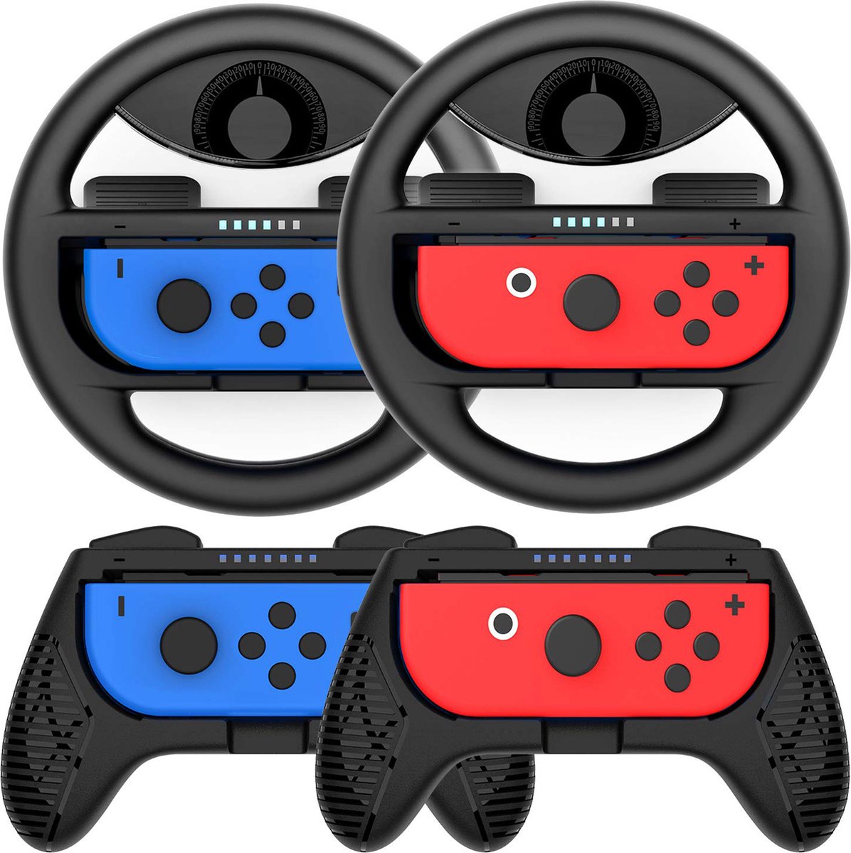 OneGamer® - Stuur en Controller Grip Set – Geschikt voor Nintendo Switch Joy-Con – voor Mario Kart Game – Zwart - 4 stuks