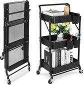 3-traps keukenwagen, serveerwagen, opvouwbare metalen rolwagen, rek op wielen, rek, organizer, keukenrek, opvouwbare multifunctionele trolley voor keuken, badkamer, kantoor (zwart)