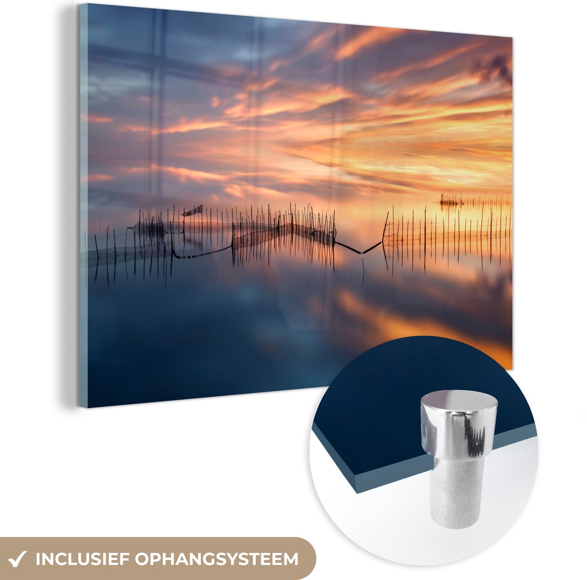 Glasschilderij - Zonsondergang - Water - Palen - Horizon - Foto op glas - 150x100 cm - Sch