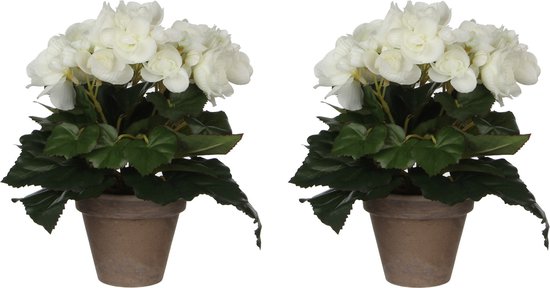 2x stuks witte Begonia kunstplant met bloemen 25 cm in grijze pot - Kunstplanten/nepplanten - Voor binnen