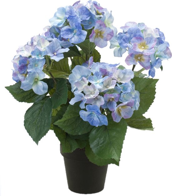 Emerald Hortensia kunstplant in kunststof pot - blauw - 40 cm - Hydrangea Macrophylla