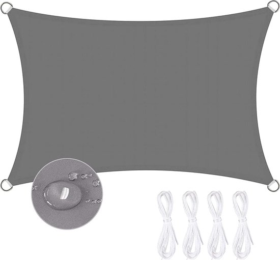 Zonnezeil 2x3m Grijs – Waterdicht & UV-bestendig (95%) – 420D Oxford – Voor Tuin, Balkon & Terras – Incl. 4 Bevestigingstouwen