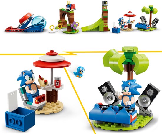 LEGO Sonic de Muis speelgoed: Sonic op strand met parasol, Sonic met DJ booth. Links, lanceerder met blauwe bol.