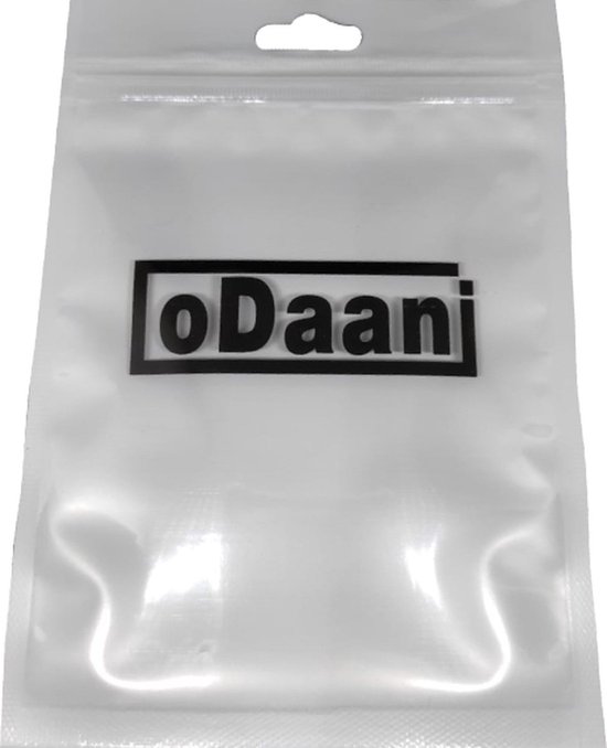 Transparante hersluitbare plastic zak met het zwarte logo oDaani in een rechthoekig kader.