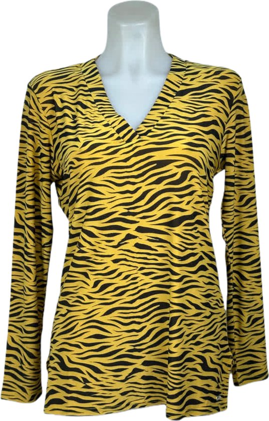Angelle Milan – Travelkleding voor dames – Gele Zwarte tijger blouse – Ademend – Kreukvrij – Duurzame Jurk - In 5 maten - Maat XXL