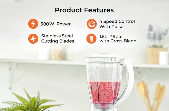 Royalty Line® SM400P2 Blender Met Koffiemolen - Smoothie Maker - 1.5L Plastic Kan - 500W - Blenders met 4 Snelheden - Smoothie Blender Met Extra Bonenmaler - Wit van Royalty Line — afbeelding 4