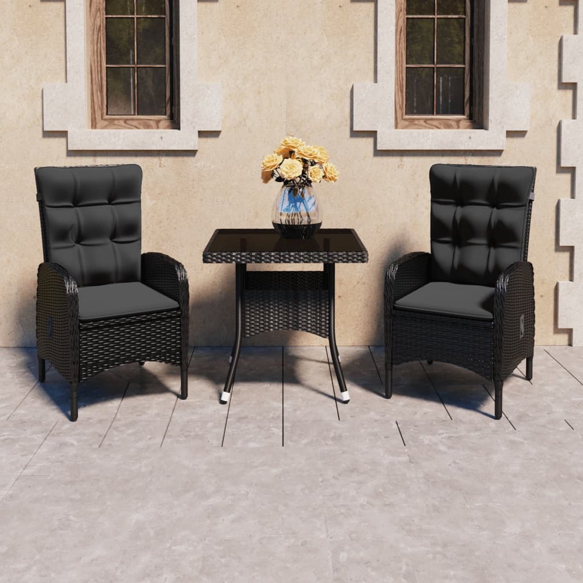 Zwarte poly rattan tuinmeubelset met tafel en stoelen - The Living Store.
