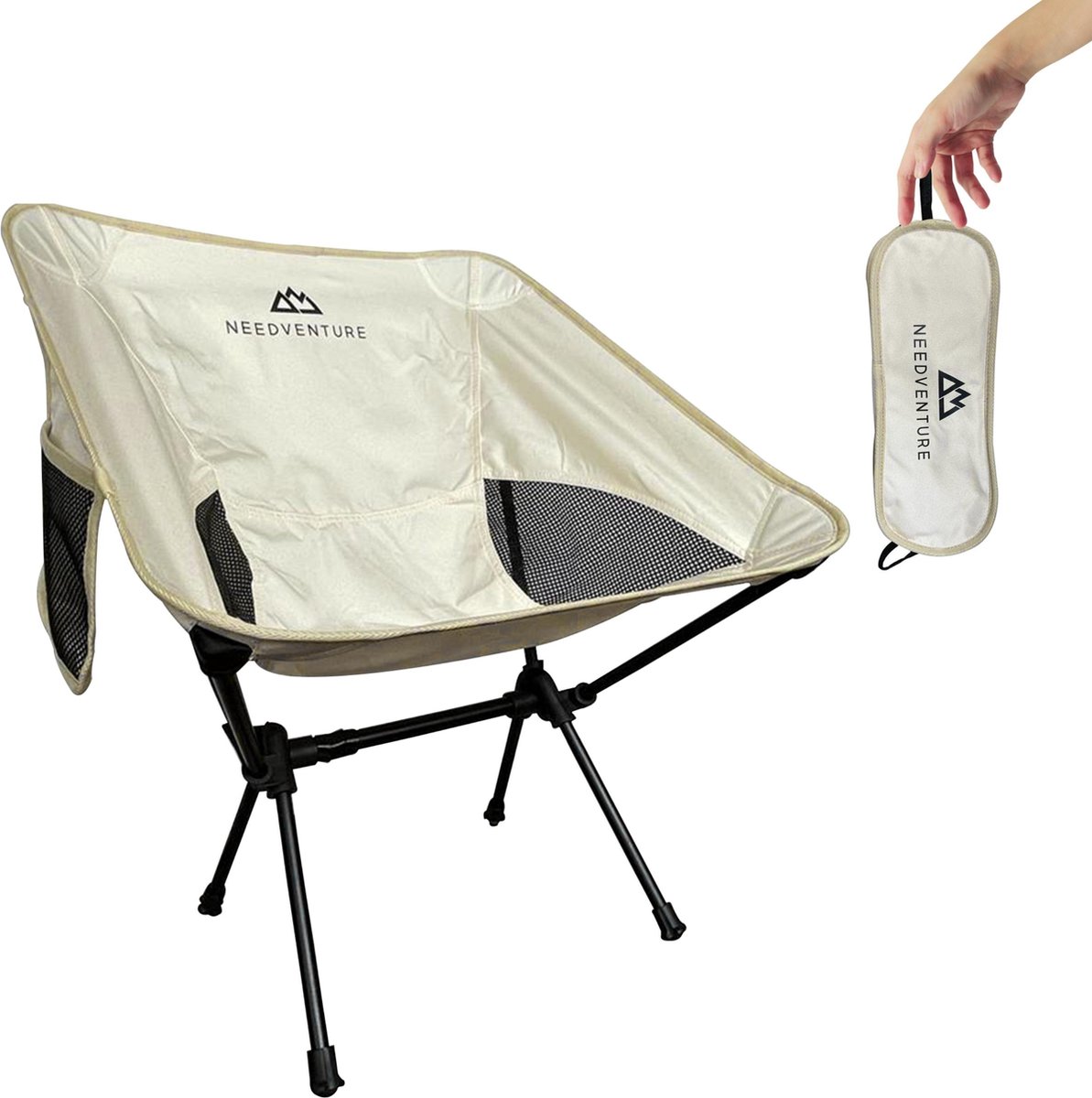 Needventure Campingstoel - Strandstoel - Visstoel - Vouwstoel - Opvouwbaar - Inklapbaar - Lichtgewicht - Beige Wit