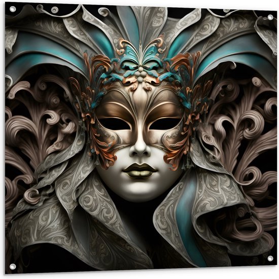 Tuinposter – Wit Venetiaanse carnavals Masker met Blauwe en Gouden Details tegen Zwarte Achtergrond - 100x100 cm Foto op Tuinposter (wanddecoratie voor buiten en binnen)