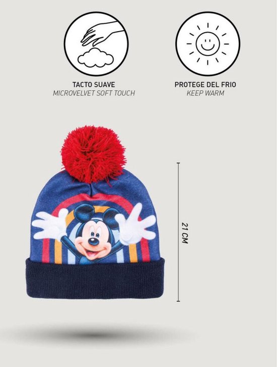 Blauwe wintermuts met Mickey Mouse print, regenboog, en rode pompon.