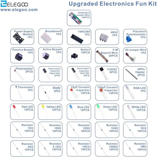Electronic Components Table Arduino ELEGOO Electronics Learning Kit - Complete Arduino Components Set | bol