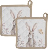 HAES DECO - Set van 2 Pannenlappen - formaat 20x20 cm - kleuren Bruin / Wit - van 100% Katoen - Collectie: Rustic Easter Bunny - Pannenlap