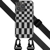 Selencia Hoesje Met Koord Geschikt voor iPhone 14 Pro Max - Selencia Siliconen design hoesje met afneembaar koord - Zwart / Irregular Check Black