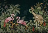 Fotobehang - Vlies Behang - Jungle Dieren in de Jungle - Flamingo - Giraffe - 520 x 318 cm