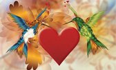 Fotobehang - Vlies Behang - Kolibries en Hart - Kunst - Vogels - 208 x 146 cm