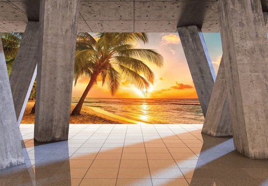 Foto: Fotobehang vlies behang palmbomen strand en zee met zonsondergang terraszicht 3d 368 x 254 cm