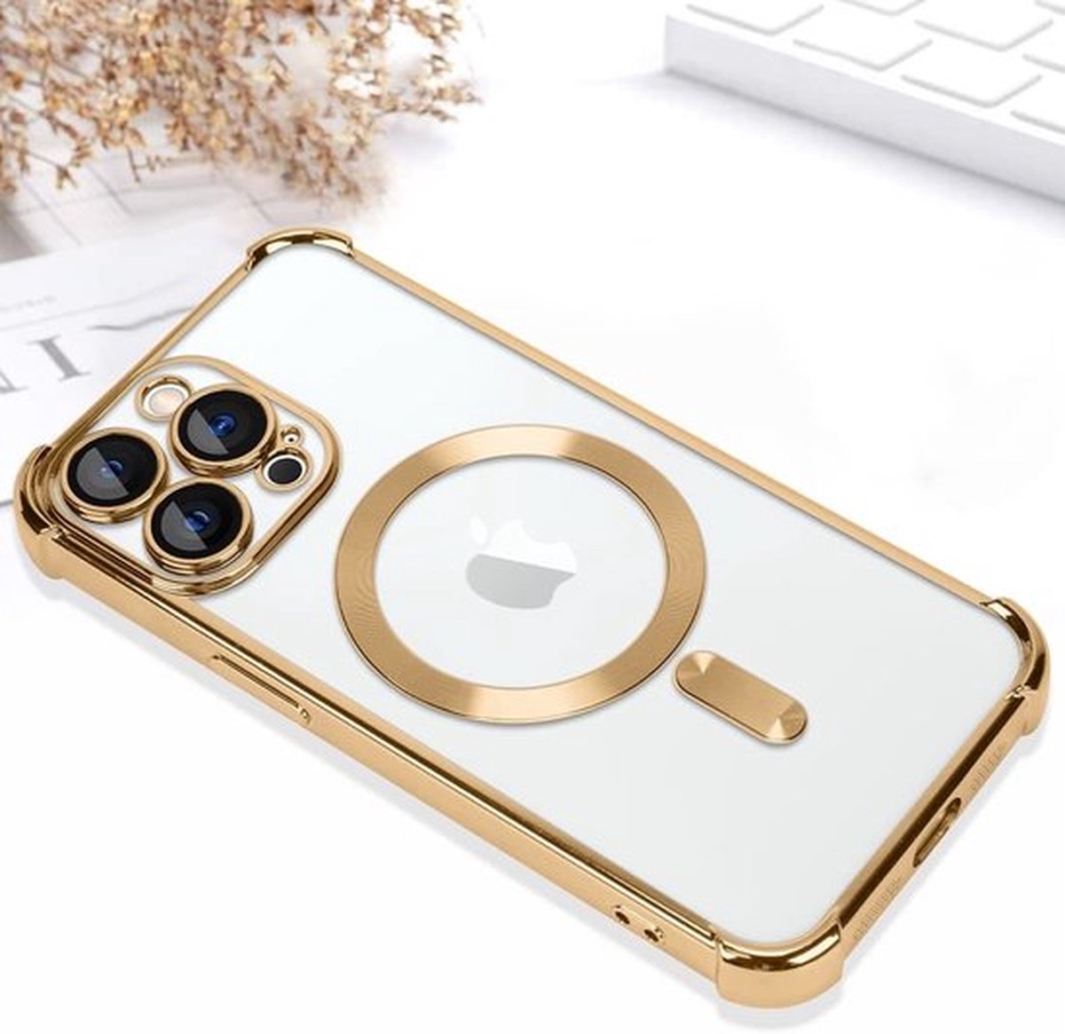iPhone 14 Pro Max hoesje Magnetisch Met Lens beschermer – Transparant / Goud - Magneet hoesje MagSafe Compatible Case cover iPhone 14 Pro Max.