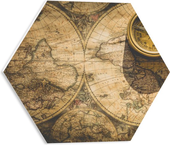 PVC Schuimplaat Hexagon - Kompas met Wereldkaarten - 40x34.8 cm Foto op Hexagon (Met Ophangsysteem)