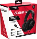 Verpakking van HyperX Cloud III gaming headset, zwart, met afbeelding van headset en compatibiliteitslogo's.