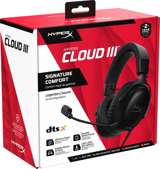 Verpakking van HyperX Cloud III gaming headset, zwart, met afbeelding van headset en compatibiliteitslogo's.