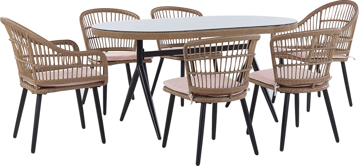Tuinset voor 6 personen, natuurlijk PE rotan, Beliani-merk.