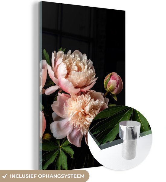 MuchoWow® Glasschilderij 20x30 cm - Schilderij acrylglas - Pioenrozen - Bloemen - Natuur - Roze - Wit - Foto op glas - Schilderijen