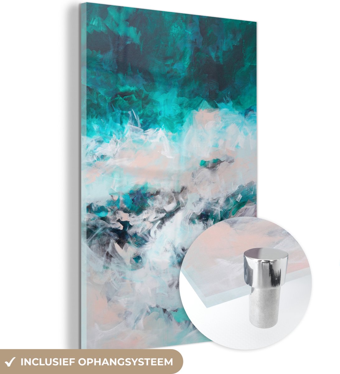 MuchoWow® Glasschilderij 100x150 cm - Schilderij acrylglas - Abstract - Zee - Blauw - Verf - Foto op glas - Schilderijen