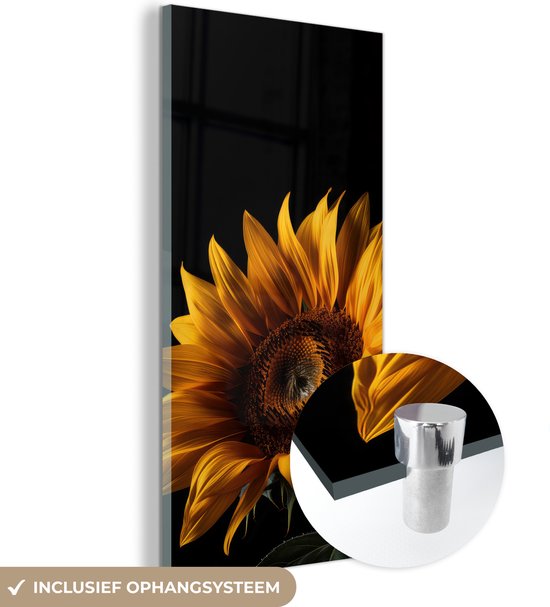 MuchoWow® Glasschilderij 60x120 cm - Schilderij acrylglas - Bloemen - Botanisch - Zwart - Zonnebloem - Foto op glas - Schilderijen