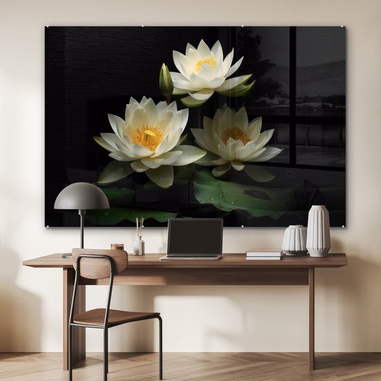 MuchoWow® Peinture sur verre 150x100 cm - Peinture sur verre acrylique - Lotus - Fleurs - Wit - Nature - Zwart - Photo sur verre - Peintures
