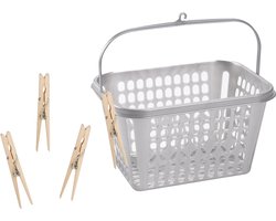 Wasknijper mandje/bakje - zilver - inclusief 48x wasknijpers - hout