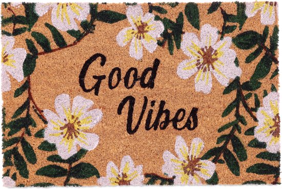Relaxdays Deurmat kokos 'good vibes' - schoonloopmat - bloemenprint - voordeurmat - natuur