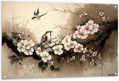 Tuinposter – Tekening van Vogels Vliegend bij Tak met Bloemen - 120x80 cm Foto op Tuinposter (wanddecoratie voor buiten en binnen)