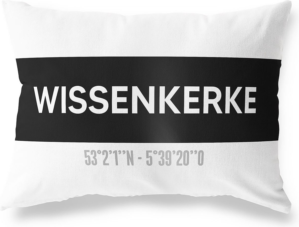 Tuinkussen WISSENKERKE - ZEELAND met coördinaten - Buitenkussen - Bootkussen - Weerbestendig - Jouw Plaats - Studio216 - Modern - Zwart-Wit - 50x30cm