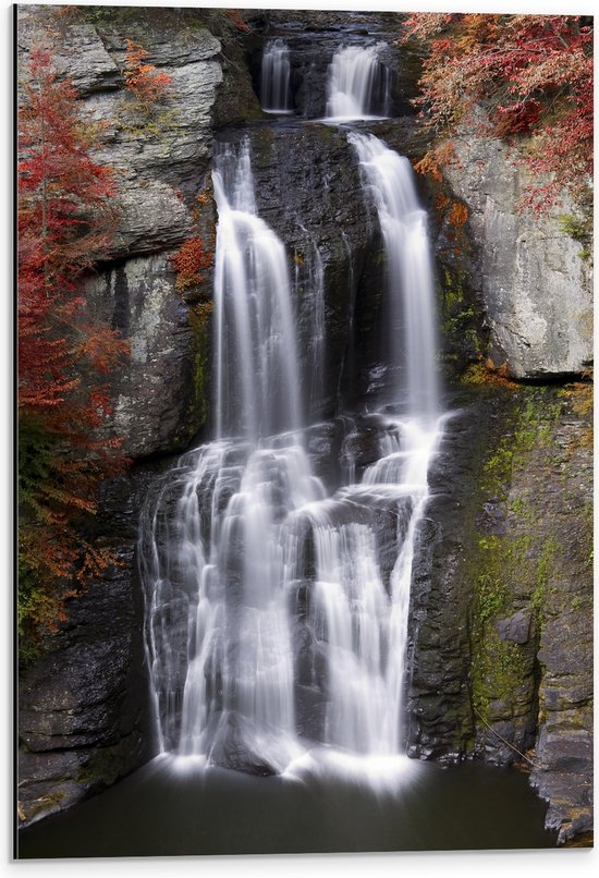 Dibond - Berg - Waterval - Water - Bomen - 40x60 cm Foto op Aluminium (Met Ophangsysteem)