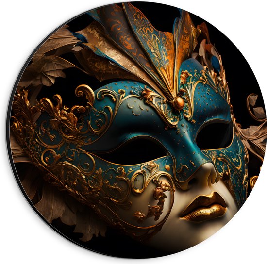Dibond Muurcirkel - Venetiaanse carnavals Masker met Blauwe en Gouden Details tegen Zwarte Achtergrond - 20x20 cm Foto op Aluminium Muurcirkel (met ophangsysteem)