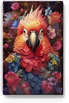 Rode papegaai met bloemen - Laqueprint - 19,5 x 30 cm - Niet van echt te onderscheiden handgelakt schilderijtje op hout - Mooier dan een print op canvas. - LP308