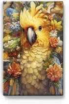 Oranje papegaai met bloemen - Laqueprint - 19,5 x 30 cm - Niet van echt te onderscheiden handgelakt schilderijtje op hout - Mooier dan een print op canvas. - LP345