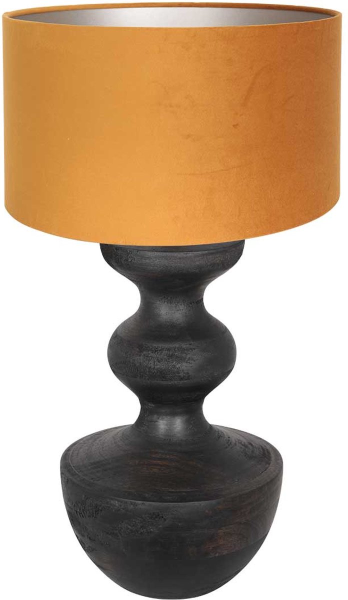 Landelijke tafellamp Lyons met kap | 1 lichts | goud / bruin / zwart | hout / stof | Ø 40 cm | 67 cm hoog | dimbaar | modern / sfeervol design