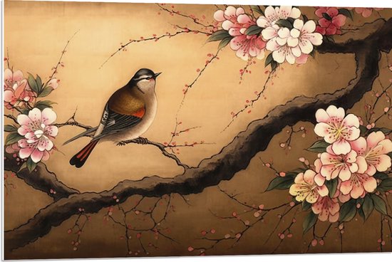 PVC Schuimplaat - Tekening van Vogeltje op Tak met Roze Bloemen - 90x60