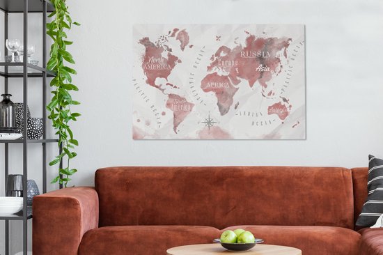 Peintures Toile Wereldkaart - Peinture - Rose - 120x80 cm - Décoration murale