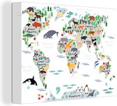 Canvas Wereldkaart - 160x120 - Wanddecoratie Wereldkaart - Kinderen - Dieren - Planten