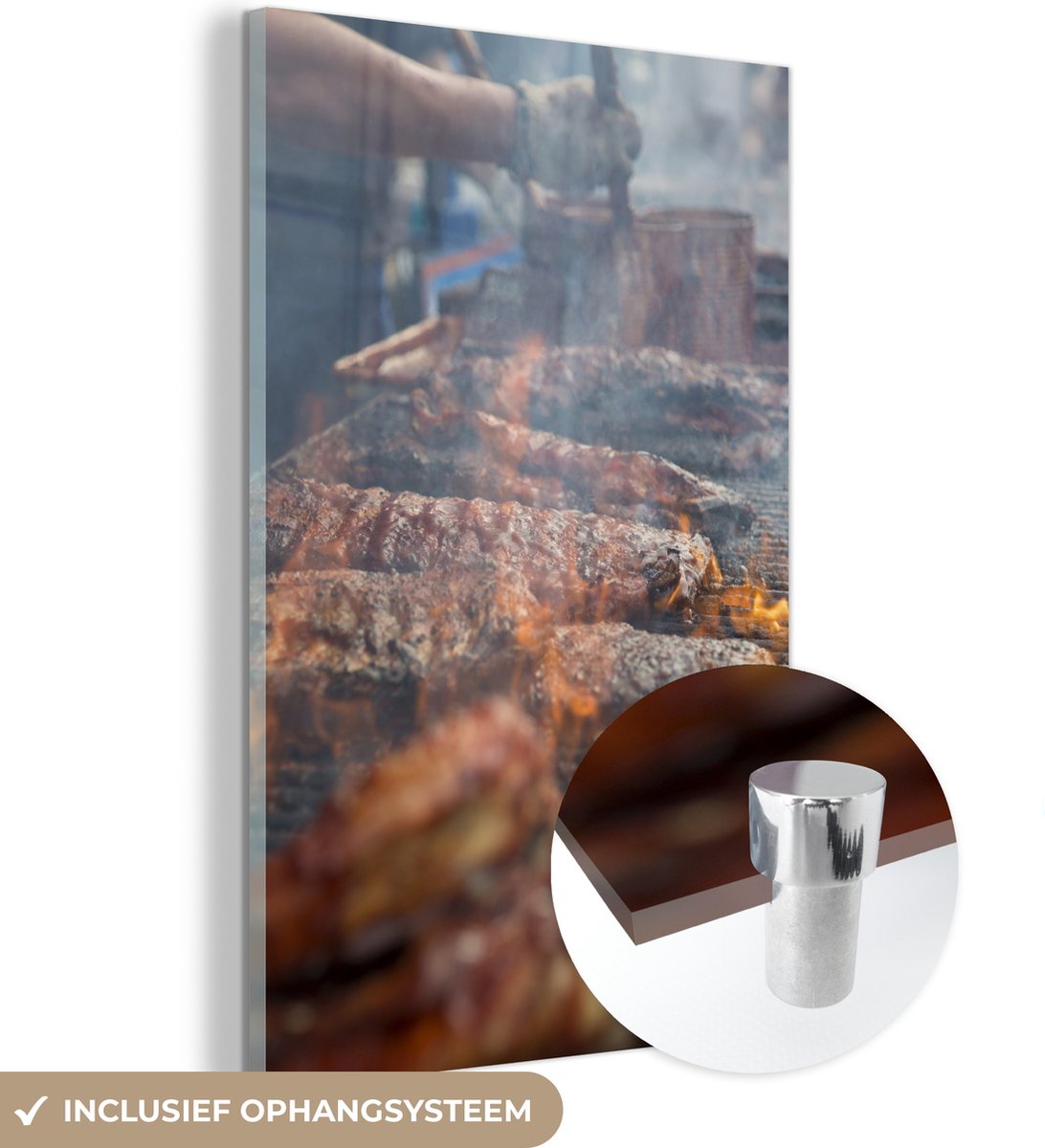 ® Glasschilderij 120x180 cm - Schilderij acrylglas - Vlees grillen op de barbecue - Foto o
