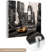 MuchoWow® Glasschilderij 50x50 cm - Schilderij acrylglas - Times Square - Taxi - Geel - Foto op glas - Schilderijen