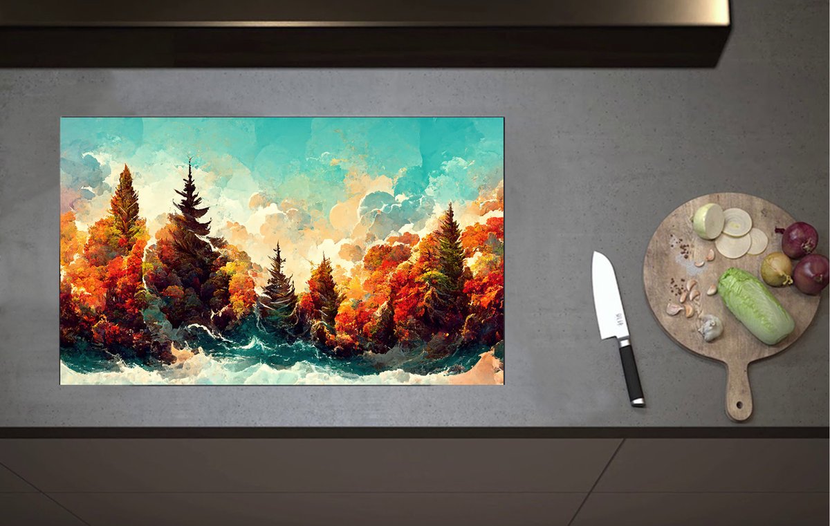 Inductieplaat Beschermer - Schilderij van Rij Bomen in Herfstkleuren - 80x52 cm - 2 mm Dik - Inductie Beschermer van Vinyl