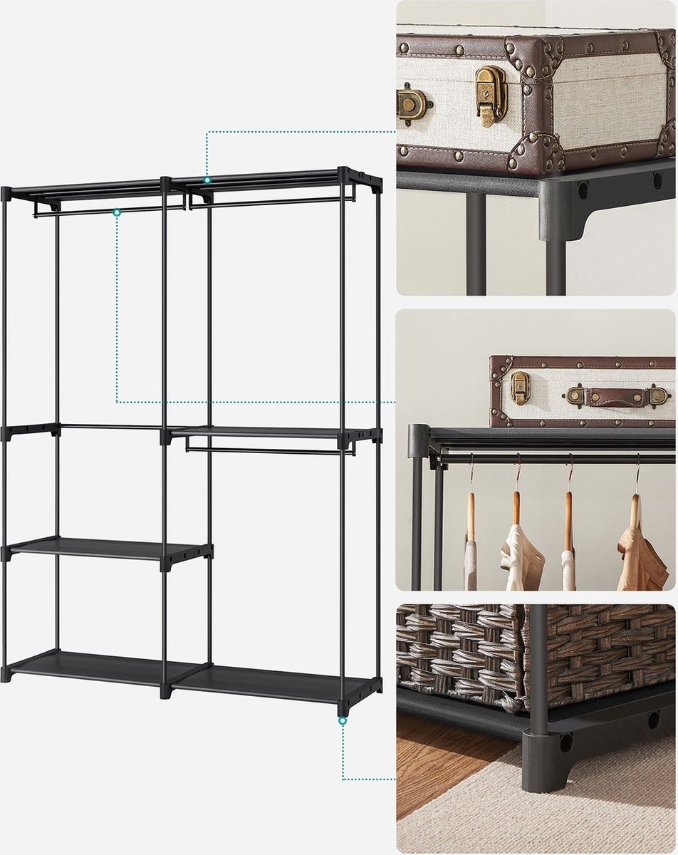 HOMCOM Kledingkast in industriële stijl van metaal met stang en 4 planken voor kleding opslag ophangen, sterke kledingrekken - afm. 100 L x 46 B x 170,5 H cm