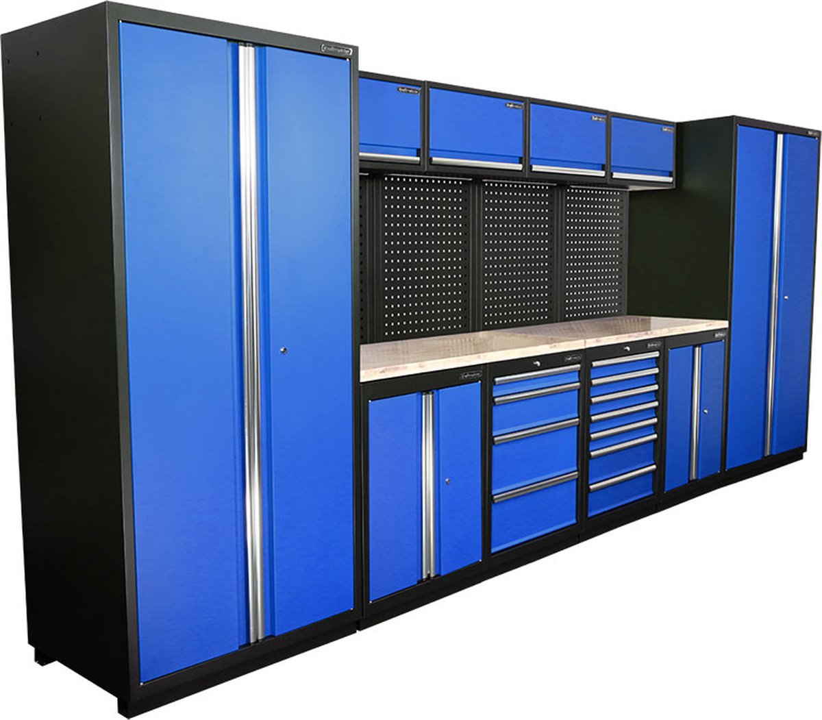 Kraftmeister werkplaatsinrichting - Werkbank met 4 wandkasten, 2 werkplaatskasten en eiken werkblad - Werktafel met 11 laden, 2 opbergkasten en gereedschapswand - Complete set voor werkplaats of garage - Blauw