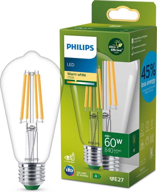 Lampe LED Philips Ultra Efficient Transparente - 60W - E27 - lumière blanc chaud