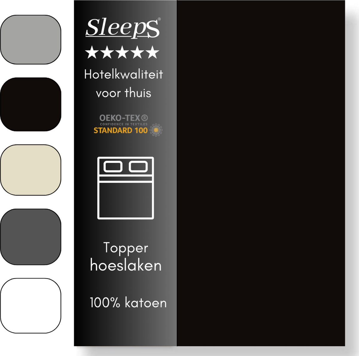 Sleeps Zacht Katoenen Topper Hoeslaken Zwart 90x220 cm - Glad Katoen - Perfecte Pasvorm - Heerlijk Zacht