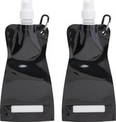 Waterfles/drinkfles/sportbidon opvouwbaar - 2x - zwart - kunststof - 420 ml - schroefdop - karabijnhaak